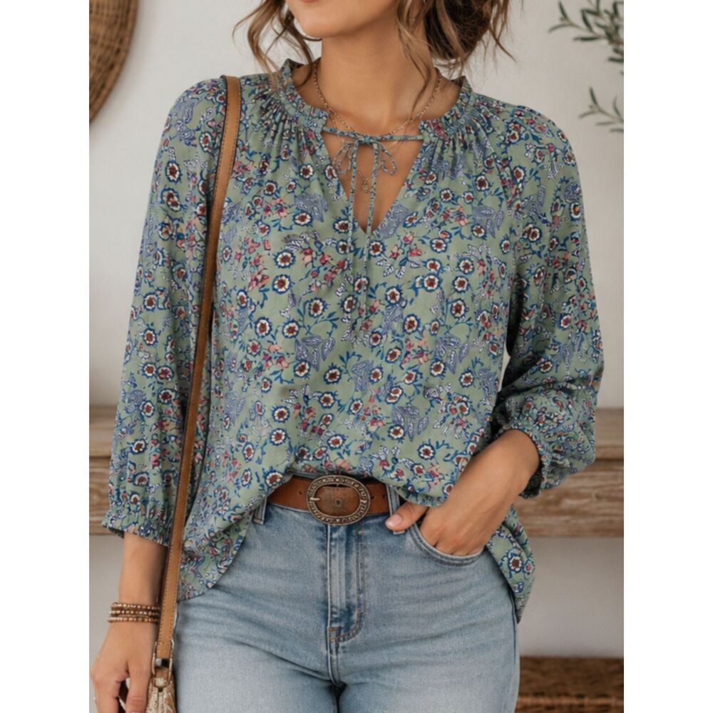 LOFT XS Green Floral Peasant Blouse Boho Tie Neck 3/4 Sleeve Cottagecore Top